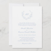 Dusty Blue Wreath Monogram QR Code Elegant Wedding Einladung (Vorderseite)