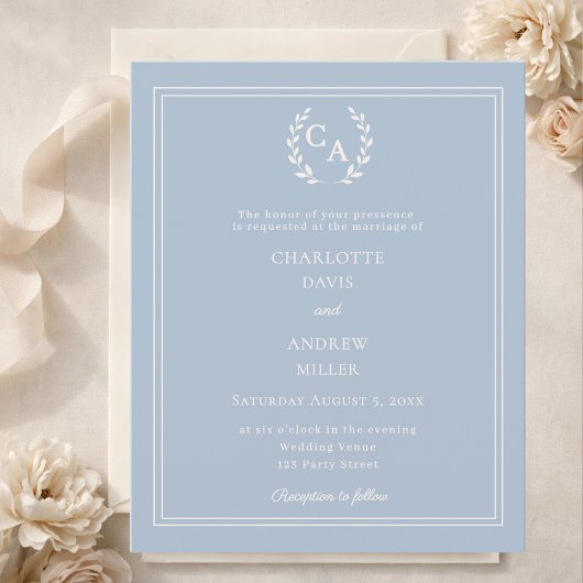Dusty blue wreath monogram wedding invitation