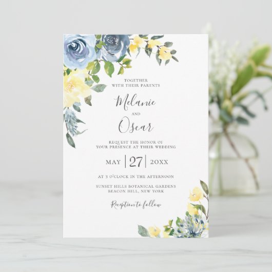 Dusty Blue & Yellow Botanical Floral Wedding Einladung (Stehend Vorderseite)