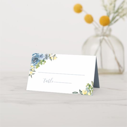 Dusty Blue Yellow Botanical Wedding Platzkarte (Vorderseite)