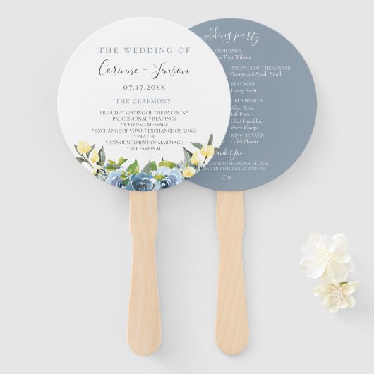 Dusty Blue Yellow Botanical Wedding Program Fächer (Vorne und Hinten)