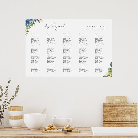 Dusty Blue Yellow Botanical Wedding Seating Chart Poster (Küche)