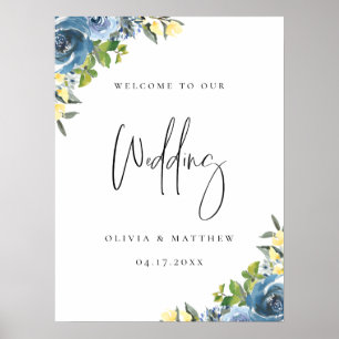 Dusty Blue Yellow Botanical Wedding Willkommen Poster