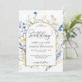 Dusty Blue Yellow Dainty Floral Botanical Wedding Einladung (Stehend Vorderseite)