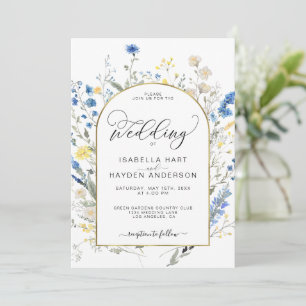 Dusty Blue Yellow Dainty Floral Botanical Wedding Einladung