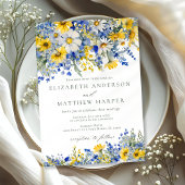 Dusty Blue Yellow Daisy Wildflowers Boho Wedding Einladung