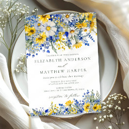 Dusty Blue Yellow Daisy Wildflowers Boho Wedding Einladung