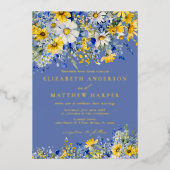 Dusty Blue Yellow Daisy Wildflowers Boho Wedding Folieneinladung (Vorderseite)