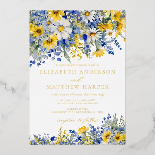 Dusty Blue Yellow Daisy Wildflowers Boho Wedding Folieneinladung (Vorderseite)