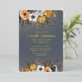 Dusty Blue Yellow Floral 100. Geburtstag Folieneinladung (Stehend vorne)