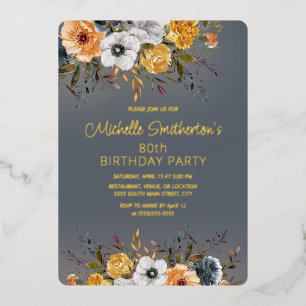 Dusty Blue Yellow Floral 80. Geburtstag Folieneinladung