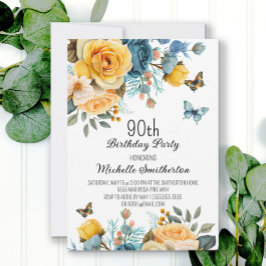 Dusty Blue Yellow Floral Butterflies 90. Geburtsta Einladung