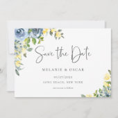Dusty Blue Yellow Floral Foto Save the Date Ankündigung (Vorderseite)