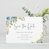 Dusty Blue Yellow Floral Foto Save the Date Ankündigung (Stehend Vorderseite)