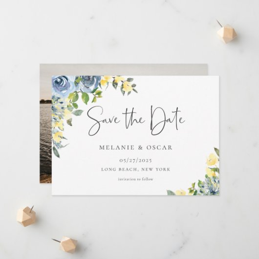 Dusty Blue Yellow Floral Foto Save the Date Ankündigung (Vorderseite/Rückseite Beispiel)