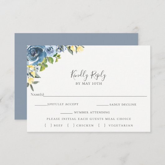 Dusty Blue Yellow Floral Wedding RSVP Meal Choice (Vorne/Hinten)