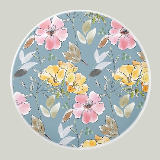 Dusty Blue Yellow Flowers Pink Floral Pattern Keramikknauf