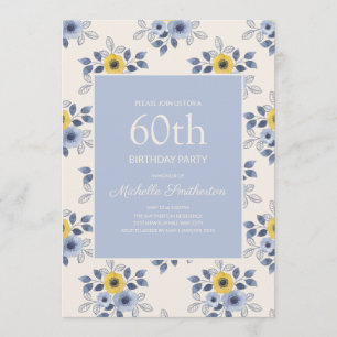 Dusty Blue Yellow Flowers White 60. Geburtstag Einladung