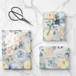 Dusty Blue & Yellow Peony Eucalyptus Floral Garden Geschenkpapier Set