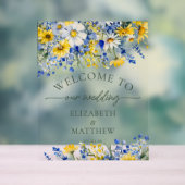 Dusty Blue & Yellow Watercolor Wildblume Willkomme Acrylschild (Neutral)