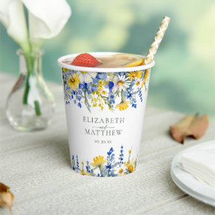 Dusty Blue Yellow Wildblumen Floral Boho Wedding Pappbecher