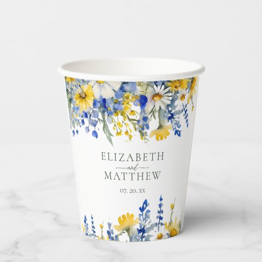 Dusty Blue Yellow Wildblumen Floral Boho Wedding Pappbecher (Rückseite)
