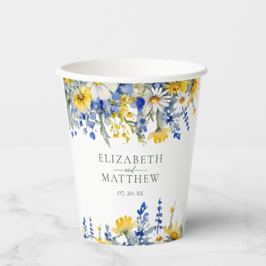 Dusty Blue Yellow Wildblumen Floral Boho Wedding Pappbecher (Vorderseite)