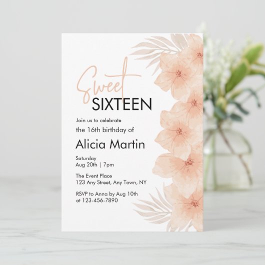 Dusty Blush Blume Dry Palm Leaf Boho Sweet 16 Einladung (Stehend Vorderseite)