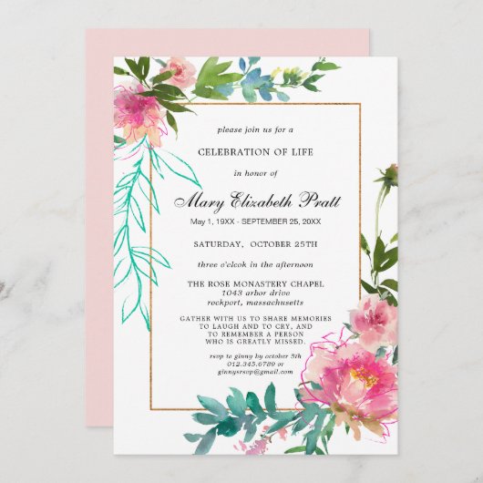 Dusty Blush Pink Blumenfeier des Lebens Invita Einladung (Vorne/Hinten)