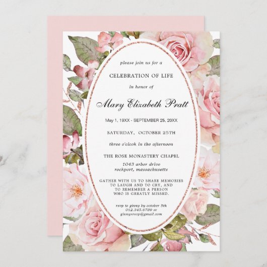 Dusty Blush Pink Blumenfeier des Lebens Invita Einladung (Vorne/Hinten)