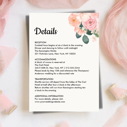 Dusty Blush Pink Floral Wedding Details Card Begleitkarte