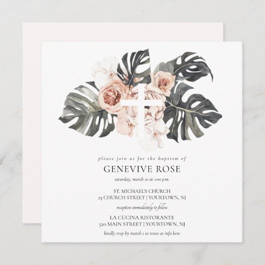 Dusty Blush Rose Cross Taufe Girl Einladung (Vorne/Hinten)