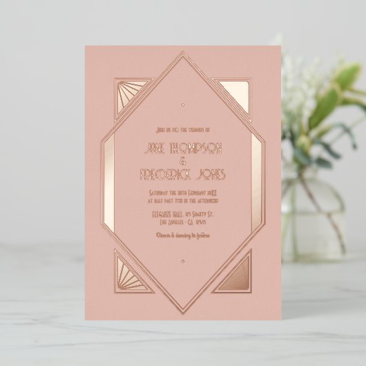 Dusty Blush & Rose Gold Gatsby Art Deco Wedding Folieneinladung (Stehend vorne)