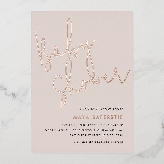 Dusty Blush Taupe Minimalistisch Script Baby Dusch Folieneinladung (Vorderseite)