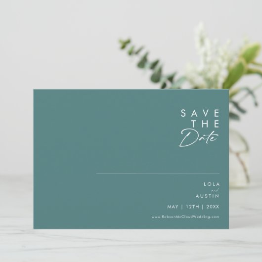 Dusty Boho | Horizontal grün und blau Save The Date (Stehend Vorderseite)