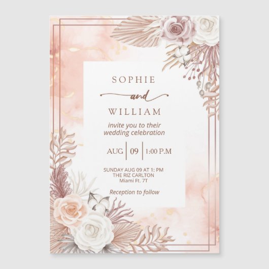 Dusty Boho Lignt rosa Rosen Hochzeit Magneteinladung (Vorderseite)