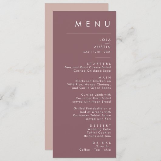 Dusty Boho | Lila Speisekarte für Hochzeiten und R Menükarte (Vorne/Hinten)