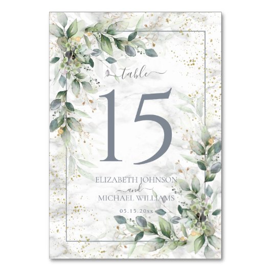 Dusty Botanical Greenerity Gold Marble Wedding Tischnummer (Vorderseite)