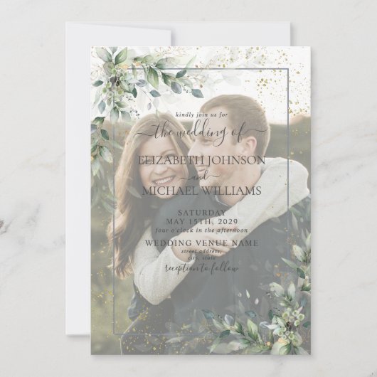 Dusty Botanische Vegetation Gold Vellum Foto Hochz Einladung (Vorderseite)