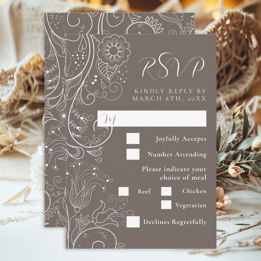 Dusty Brown Elegant Floral Wedding Meal Choice RSVP Karte