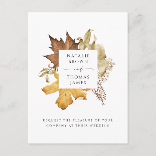 Dusty Brown Herbstleaves fallen in Liebe Hochzeit Einladungspostkarte (Vorderseite)