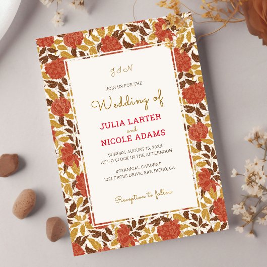 Dusty Brunt Orange Peony Blume Hochzeit im Herbst Einladung