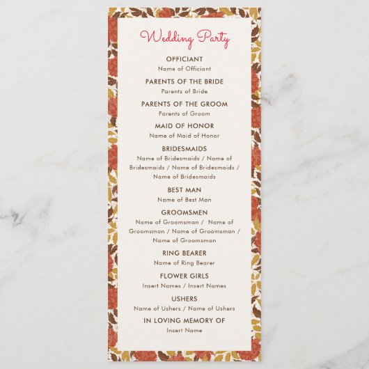 Dusty Brunt Orange Peony Blume Hochzeit im Herbst Programm (Rückseite)