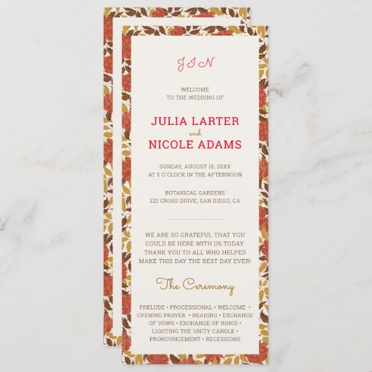 Dusty Brunt Orange Peony Blume Hochzeit im Herbst Programm (Vorne/Hinten)