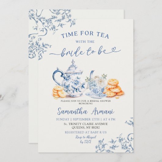 Dusty Bue Chinoiserie Brautparty Teezeremonie Part Einladung (Vorne/Hinten)