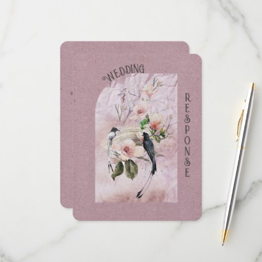 Dusty Burgund Magnolia Blüten und Hochzeiten von V RSVP Karte (Vorderseite/Rückseite Beispiel)