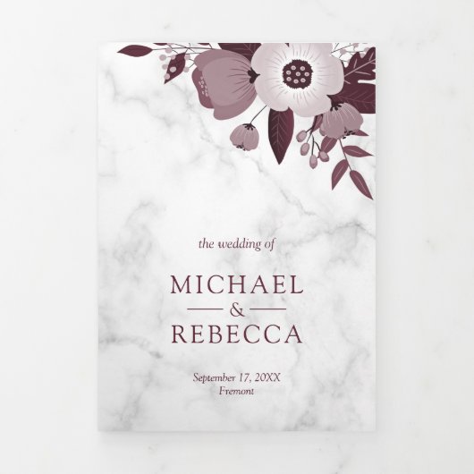 Dusty Burgundy Bloral White Marble Foto Hochzeit Dreifach Gefaltete Einladung (Cover)