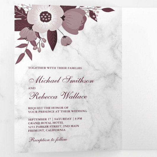 Dusty Burgundy Bloral White Marble Foto Hochzeit Dreifach Gefaltete Einladung (Innen Erste Seite)
