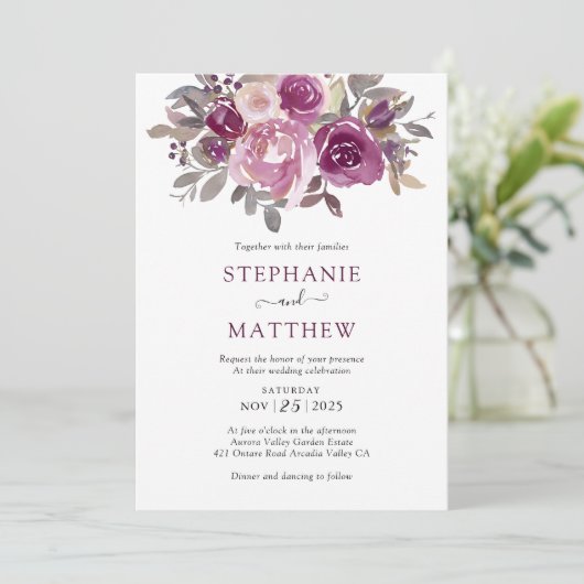 Dusty Burgundy Blush Botanical Wedding Einladung (Stehend Vorderseite)