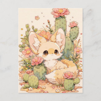 Dusty Coral Bloom Kawaii Fennec Fox Postkarte